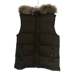 Gap Vest Size Small Womens Brown Puffy Hooded Faux Fur Zip Snap Front Like New